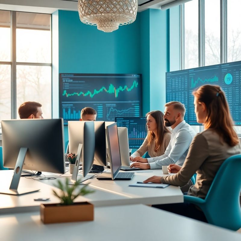 Malý profesionální tým vývojářů a traderů v moderní liberecké kanceláři s azure-modrými akcenty